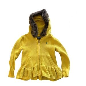 Ralph Lauren | girls bright yellow zip up sweater chunky knit faux fur size 5